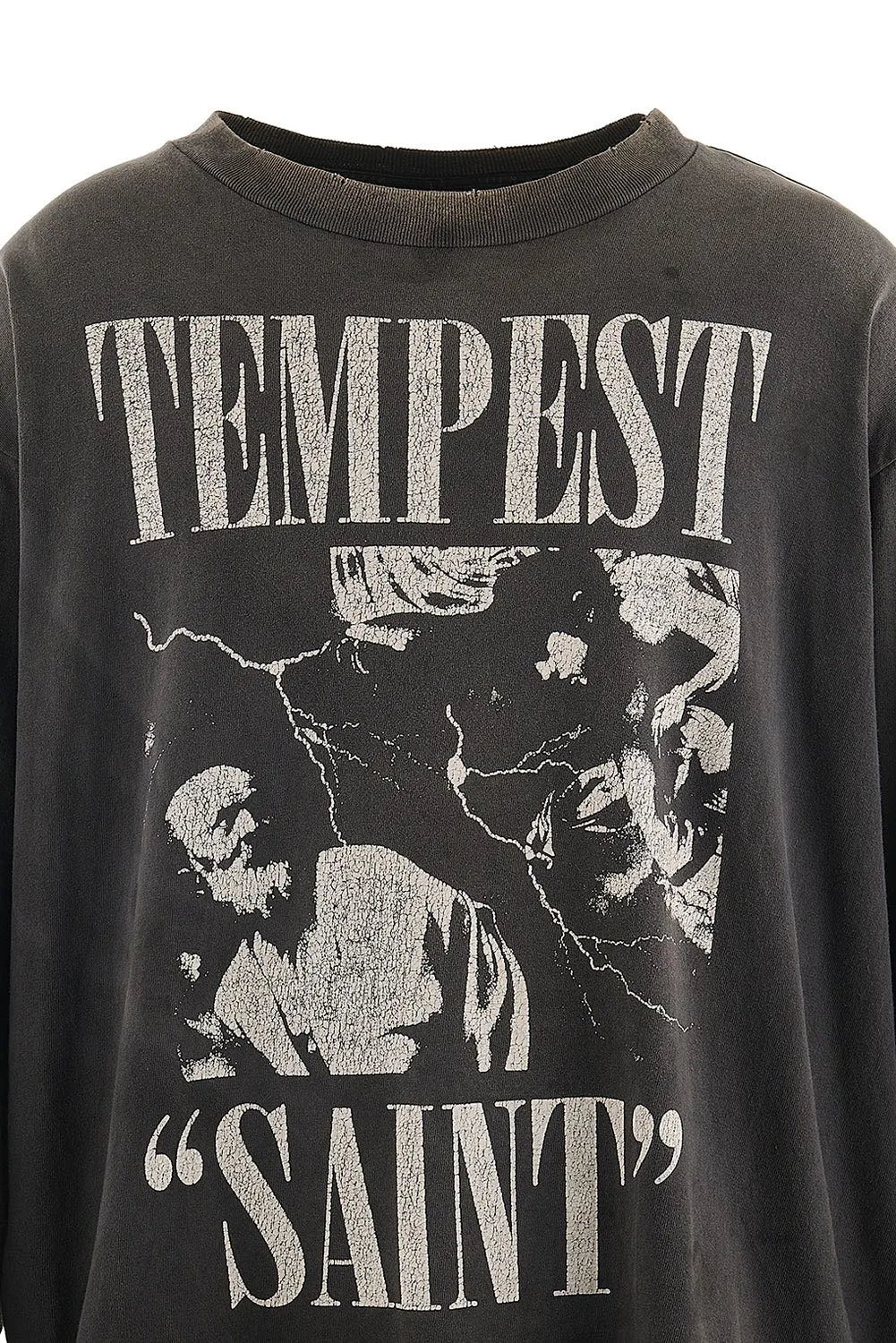 SAINT Mxxxxxx LS TEE/TEMPEST/BLK 'TEMPEST SAINT' Storm Religious Saints Cracked Retro Vulcanized Heavy Wash Long Sleeves Washed Black S-XL Assute Dyeing Multi-bit Horse Fading Craftsmanship Grinding and Hanging Holes Full of Old Feeling Top Printing Craftsmanship Purchasing Level
